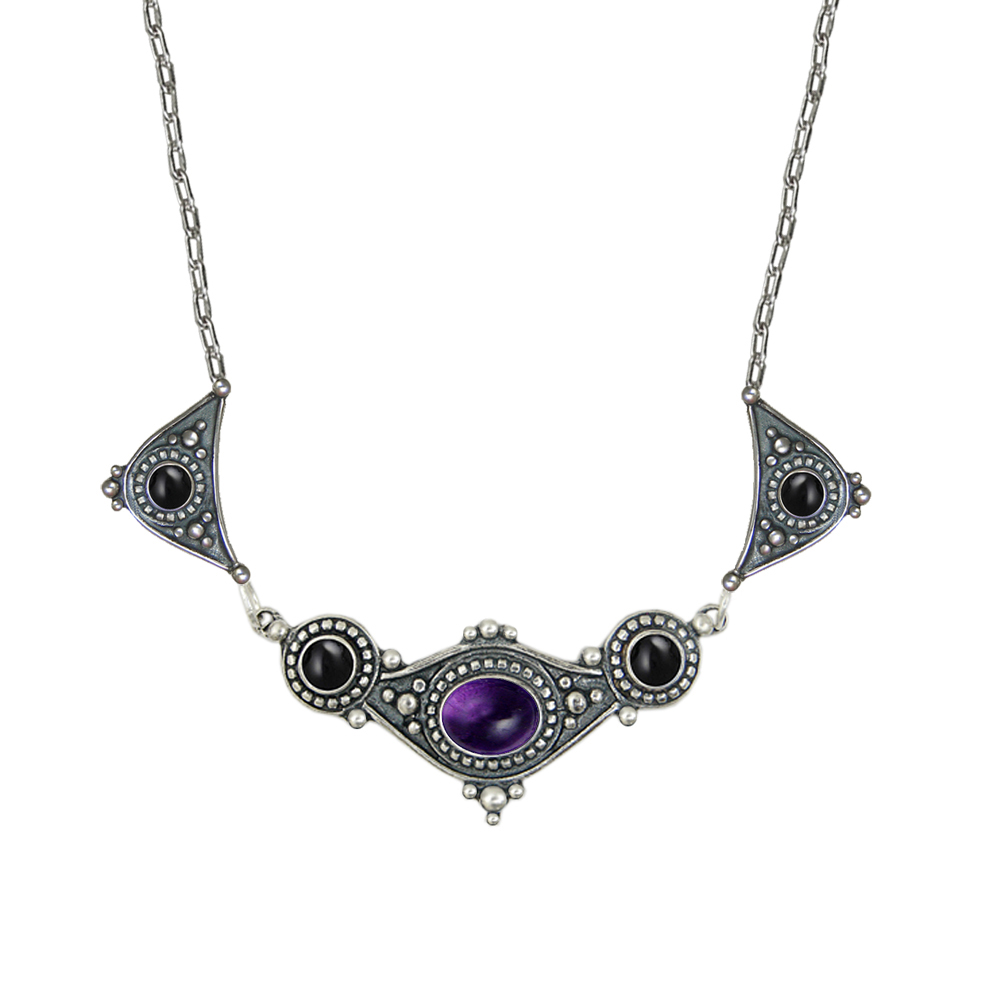 Sterling Silver Romantic Necklace With Amethyst And Black Onyx